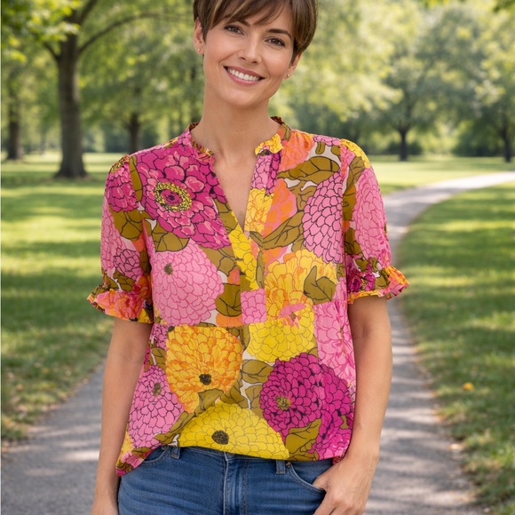 THML Tops - THML Pink Yellow Floral Puff Sleeve Blouse